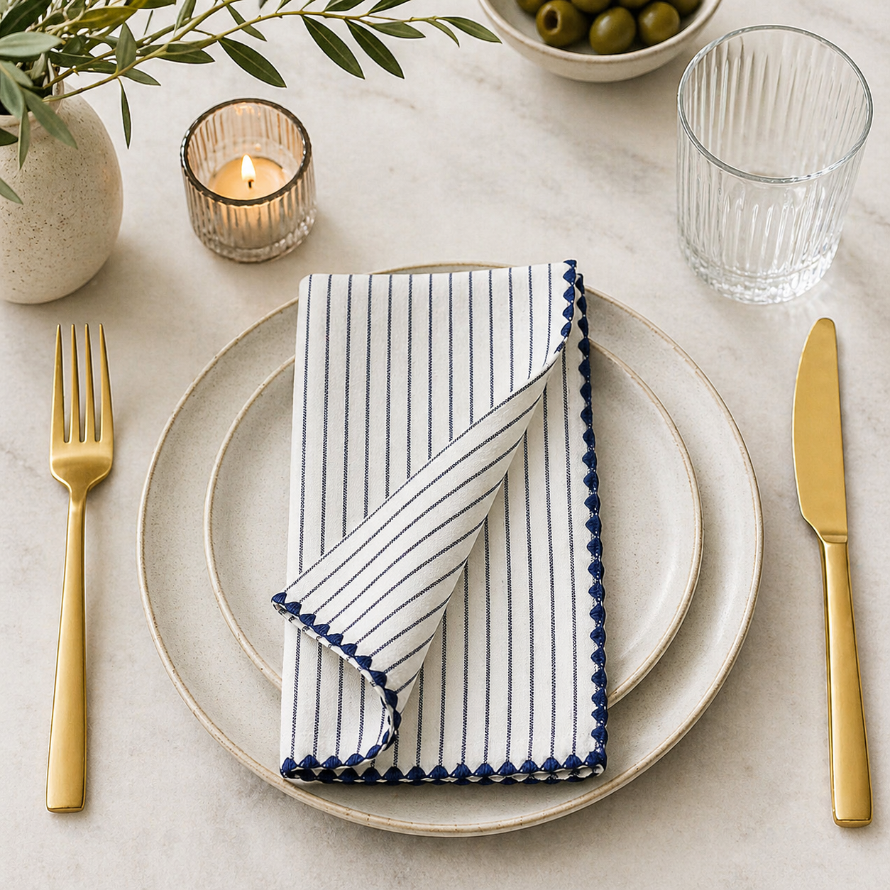 Heritage Blue Stripe Scalloped 20" Cotton Napkin