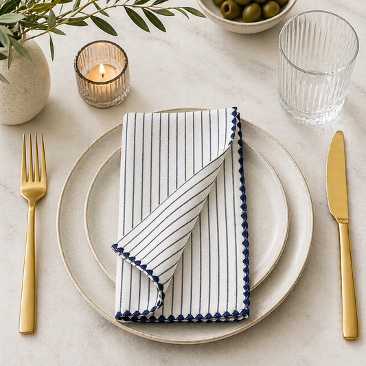 Heritage Blue Stripe Scalloped 20" Cotton Napkin