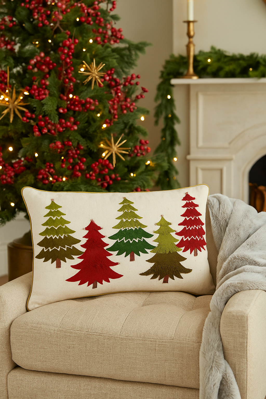 1958 - Embroidered Christmas Trees 14"X22" Throw Pillow
