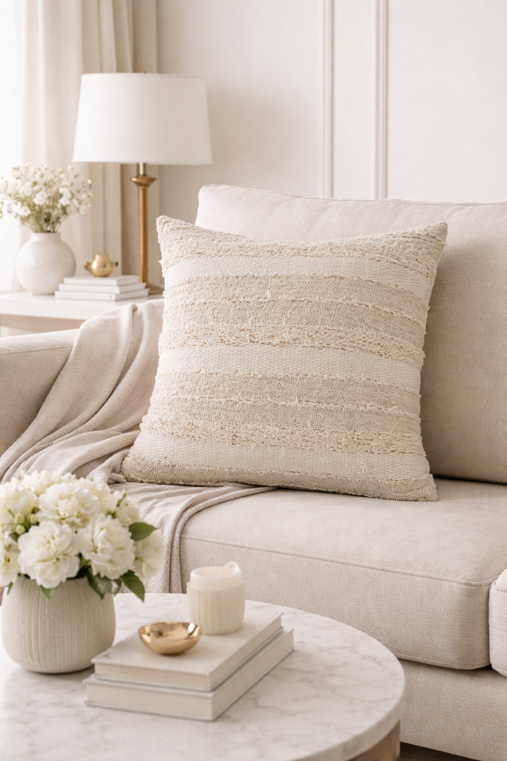 838 - Ivory Fringe Stripe Cotton 22" Throw Pillow