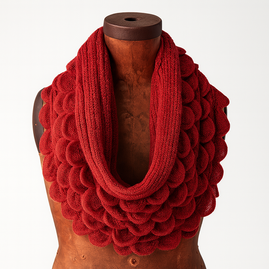 Brick Red Oversized Scalloped Ruffle Knit Infinity Scarf