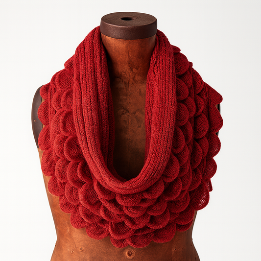 Brick Red Oversized Scalloped Ruffle Knit Infinity Scarf