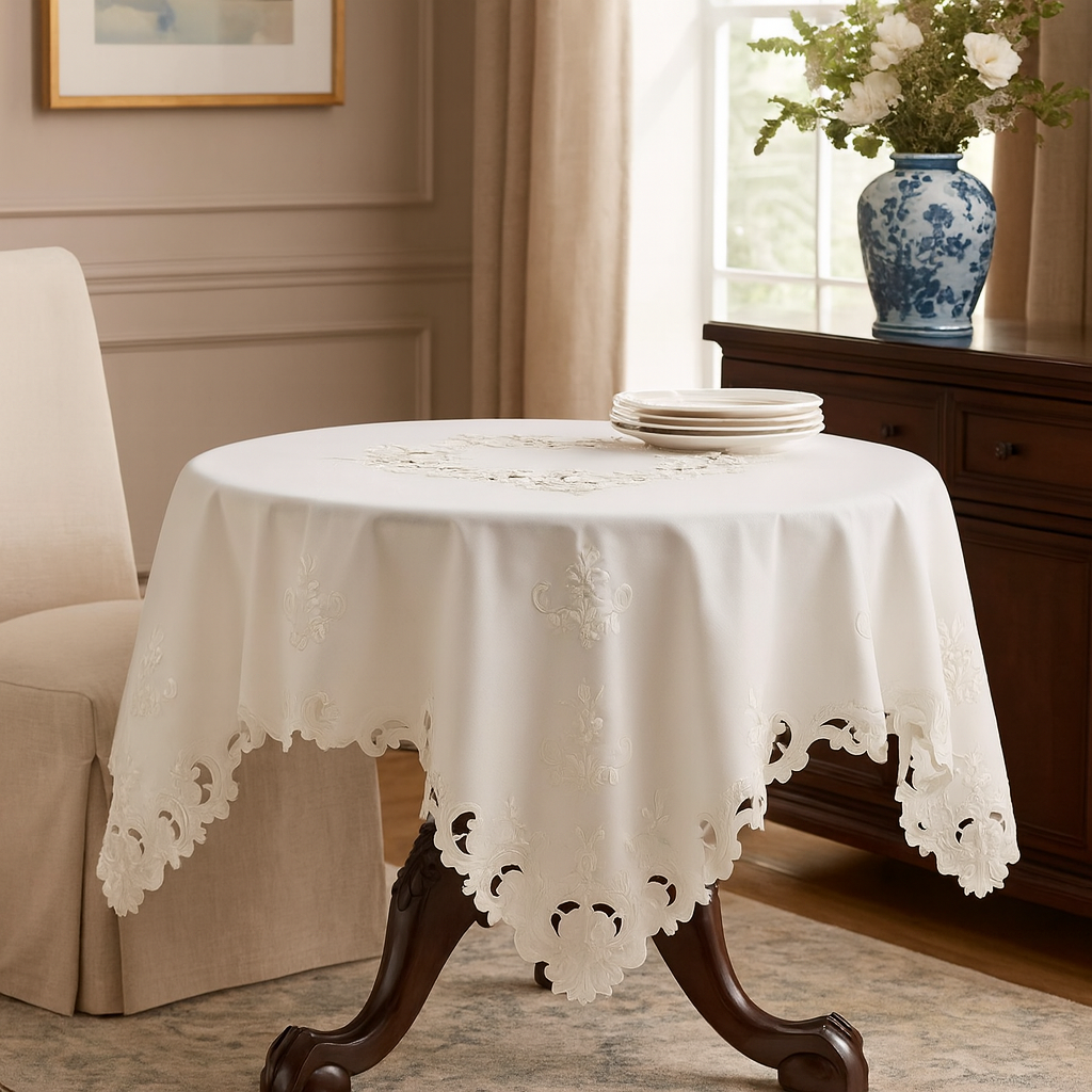 0932 - Ivory Embroidered Cutwork Acacia Rose Tablecloth – 54"x54"