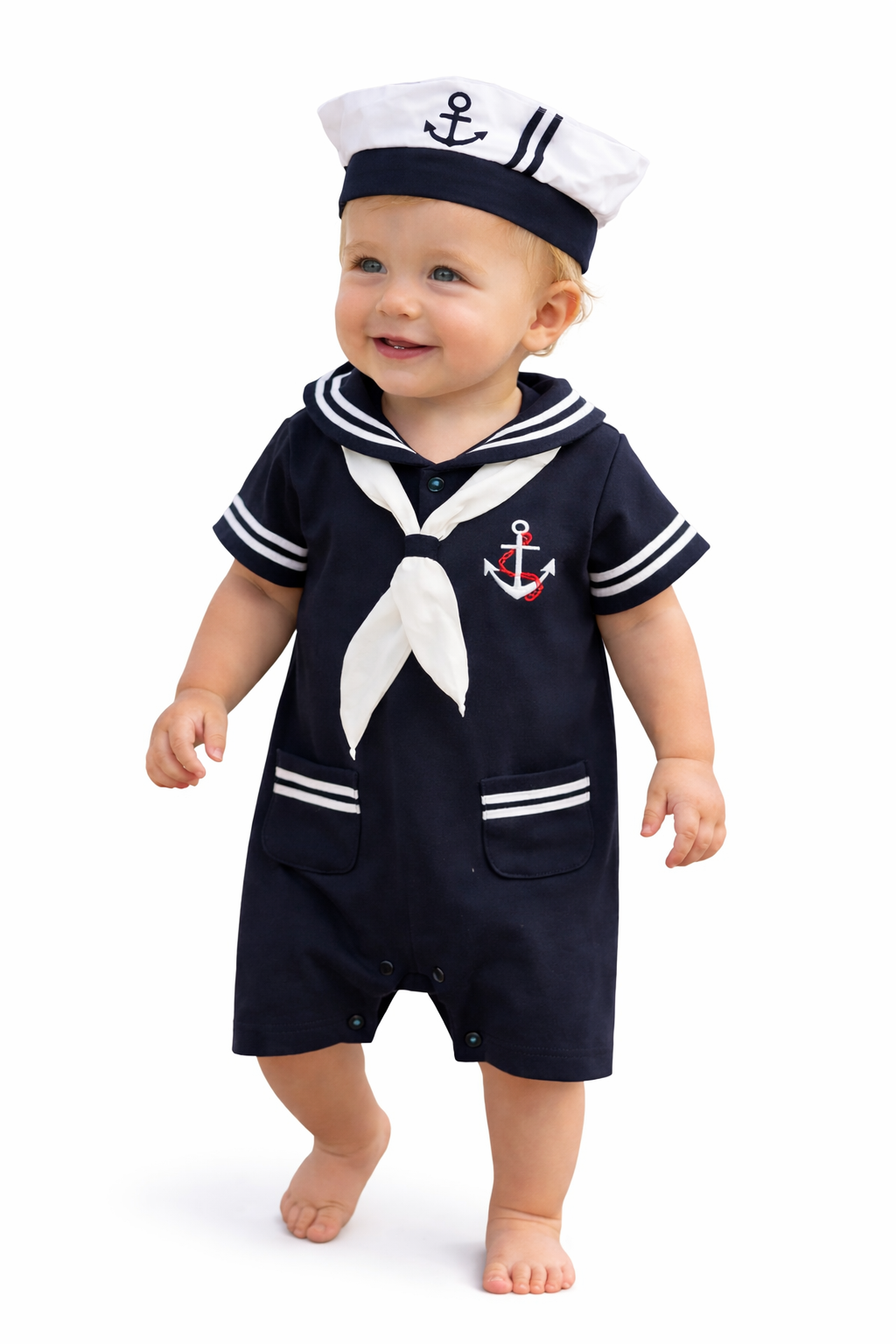 Navy Sailor Short-Sleeve Cotton Baby Romper & Hat
