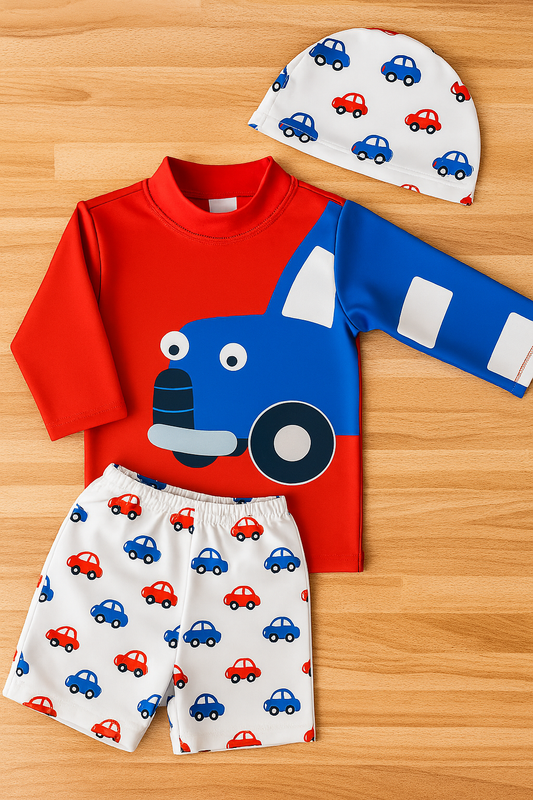 Red Multi Cars 3-Piece Boy Swimwear Set