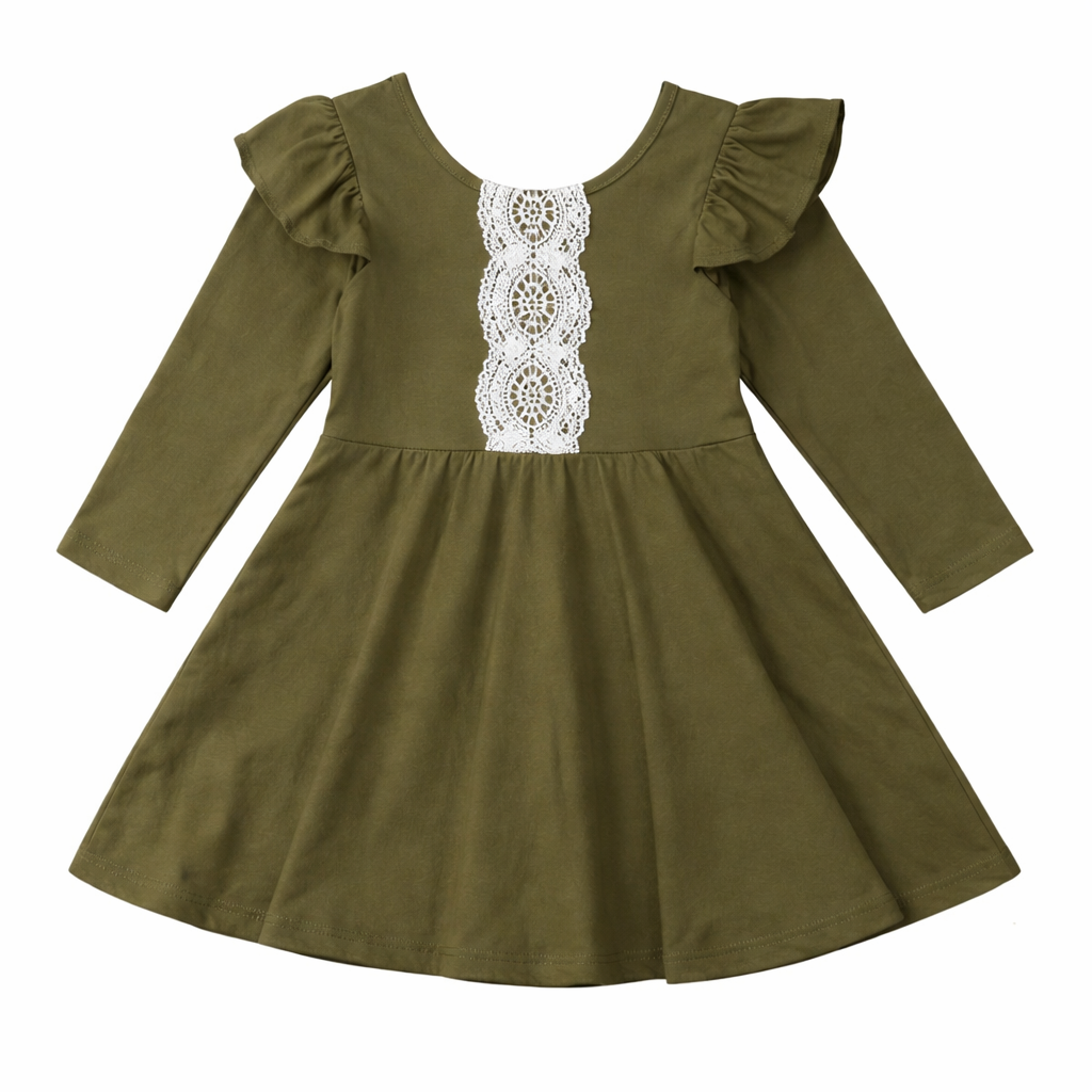 Olive Pleated Cotton Toddler Girl Dress