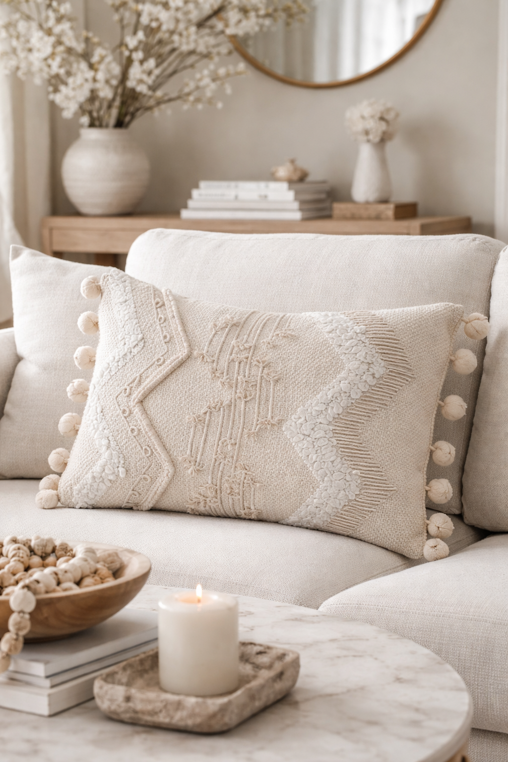 4435 - Ivory Cord Pom Pom Applique 12"x18" Filled Throw Pillow