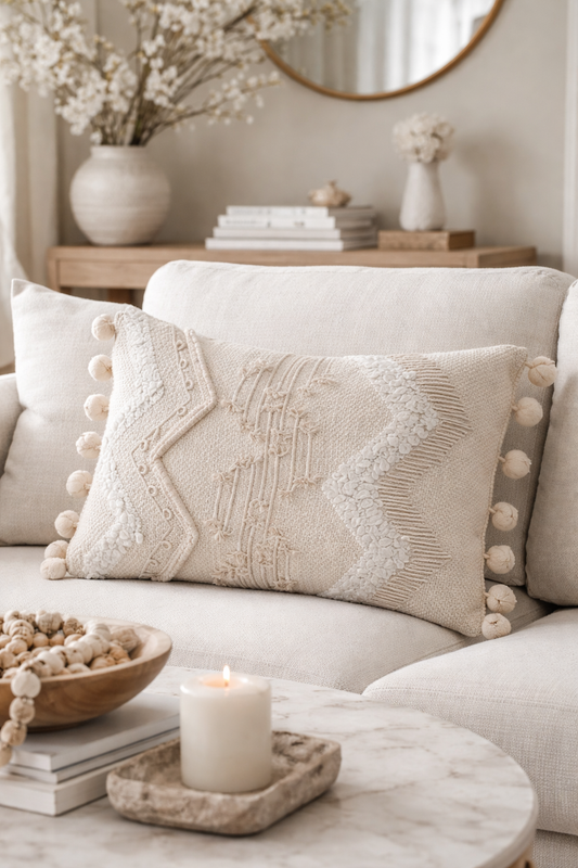 4435 - Ivory Cord Pom Pom Applique 12"x18" Filled Throw Pillow