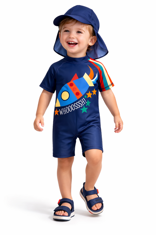 Navy Rainbow Rocket Rash Guard & Swim Hat 2-Piece Swim Set