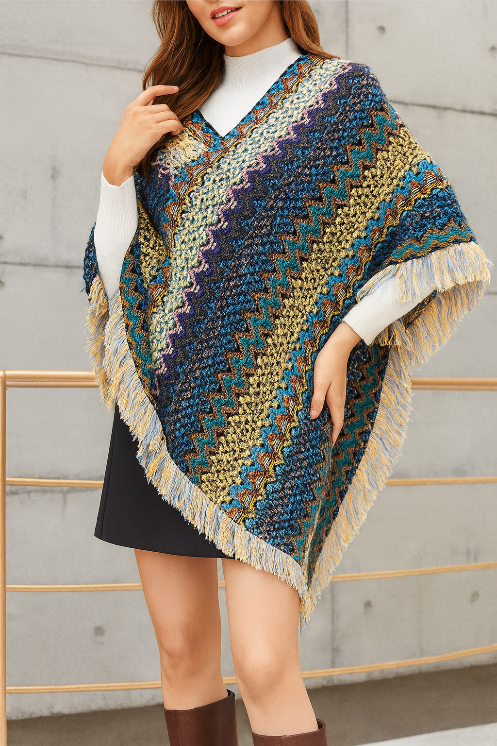 Blue Striped Knit Tassel Pullover Poncho Sweater
