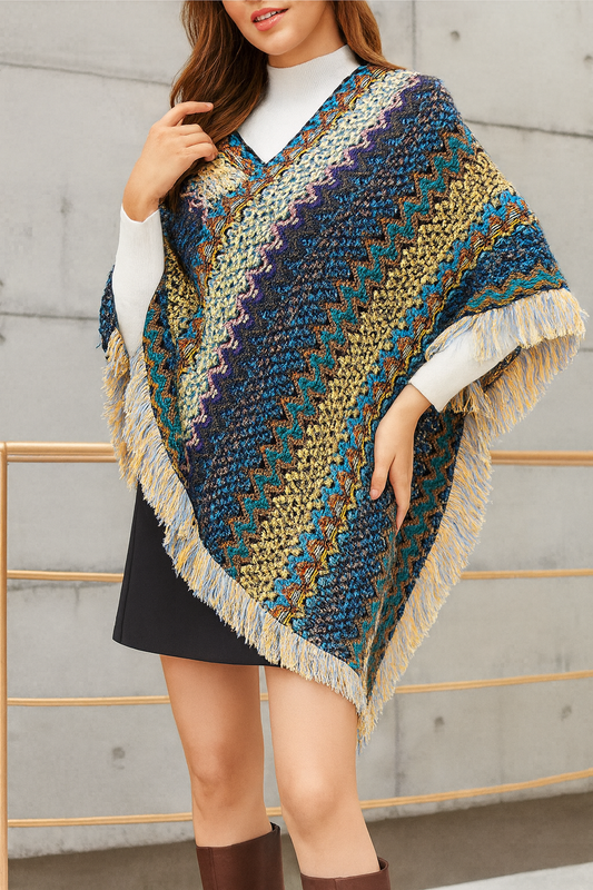 Blue Striped Knit Tassel Pullover Poncho Sweater