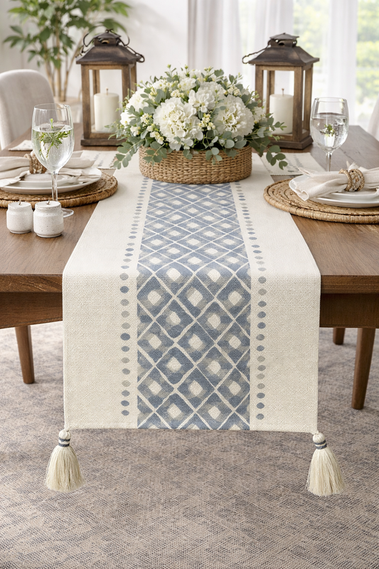 Blue-Grey Geometric Print Cotton 14"x87" Table Runner