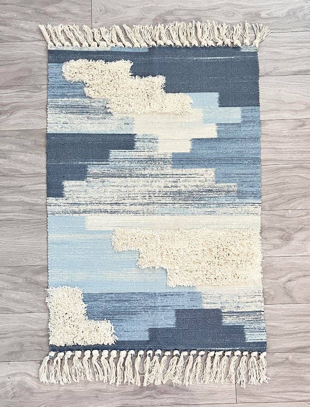 Blue Geometric Woven Cotton Blend Tassel Area Rug