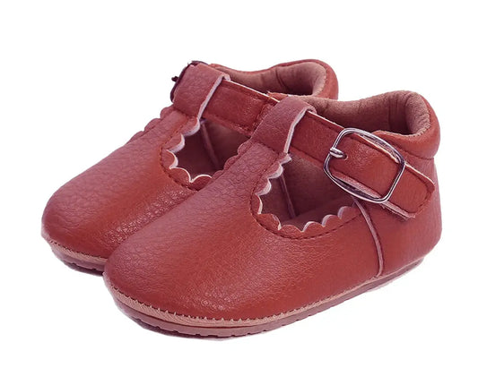 Red Soft Leather T-Strap Anti-Slip Baby Crib Shoes