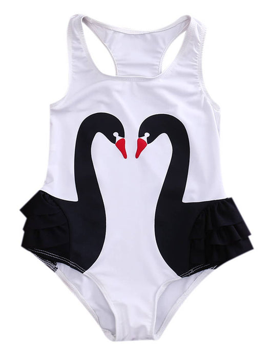 Black Flamingo Ruffle White Girl Swimsuit