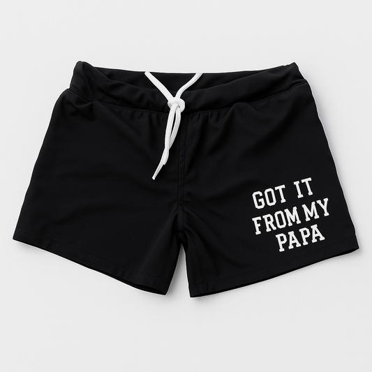 Black "GOT IT FROM MY PAPA" Boy Swim Trunks