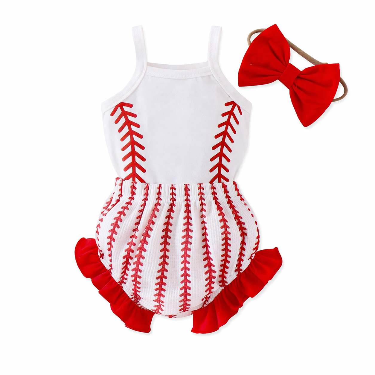 Red and White Baseball Baby Romper Set with Bow Headband