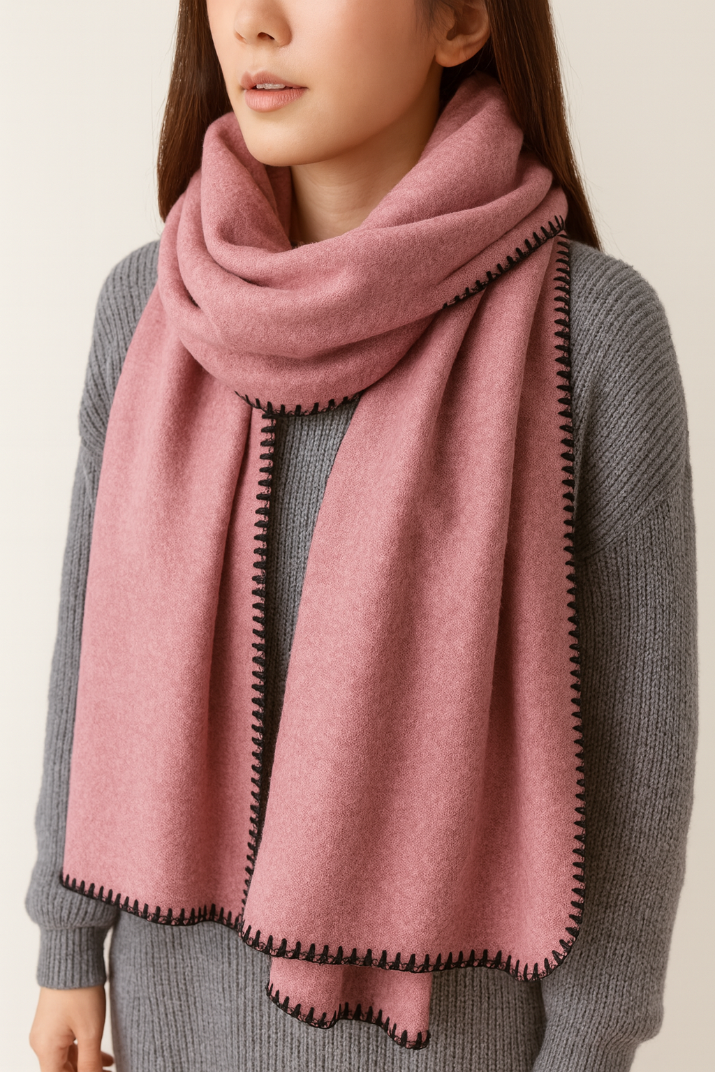 Purple Stitched Trim Wool Blanket Scarf