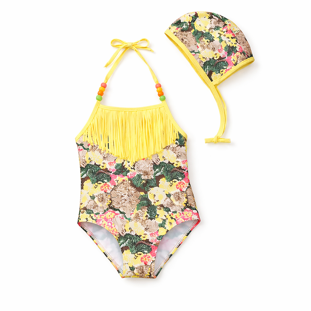 Yellow Flower 1-Piece Toddler Girl Swimsuit & Swim Hat