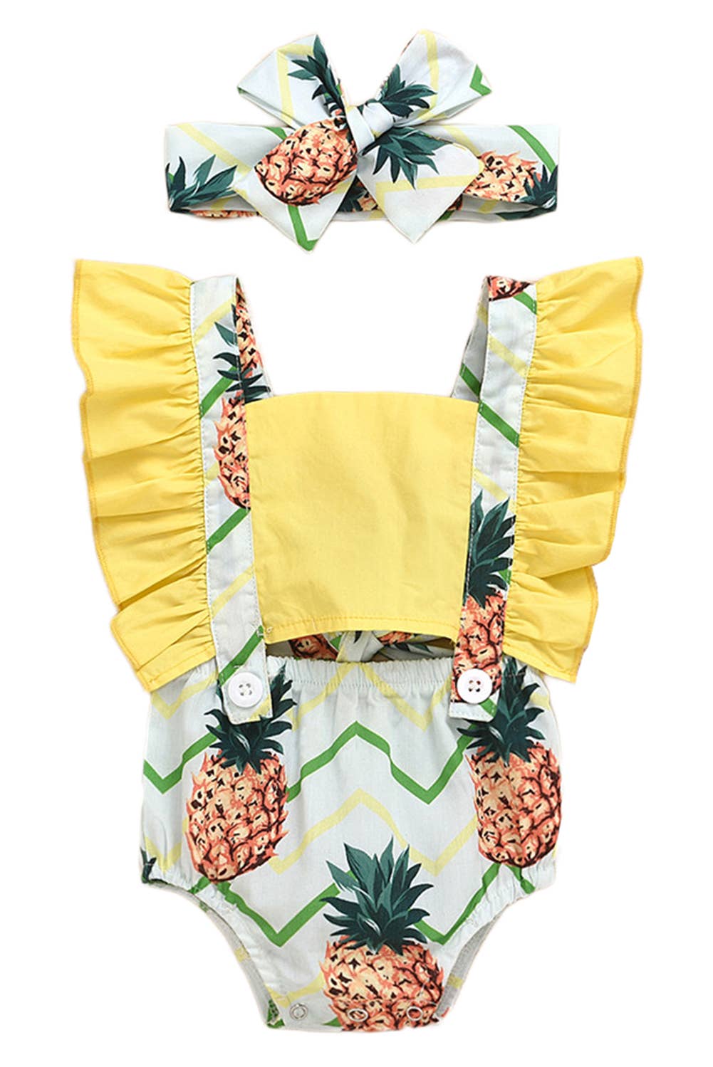 Pineapple Print Ruffle Open Back Baby Sunsuit & Headband