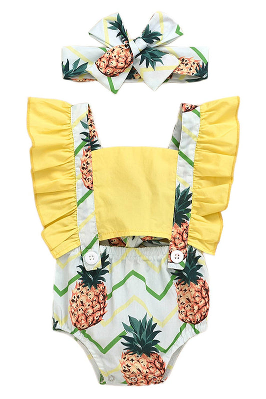 Pineapple Print Ruffle Open Back Baby Sunsuit & Headband
