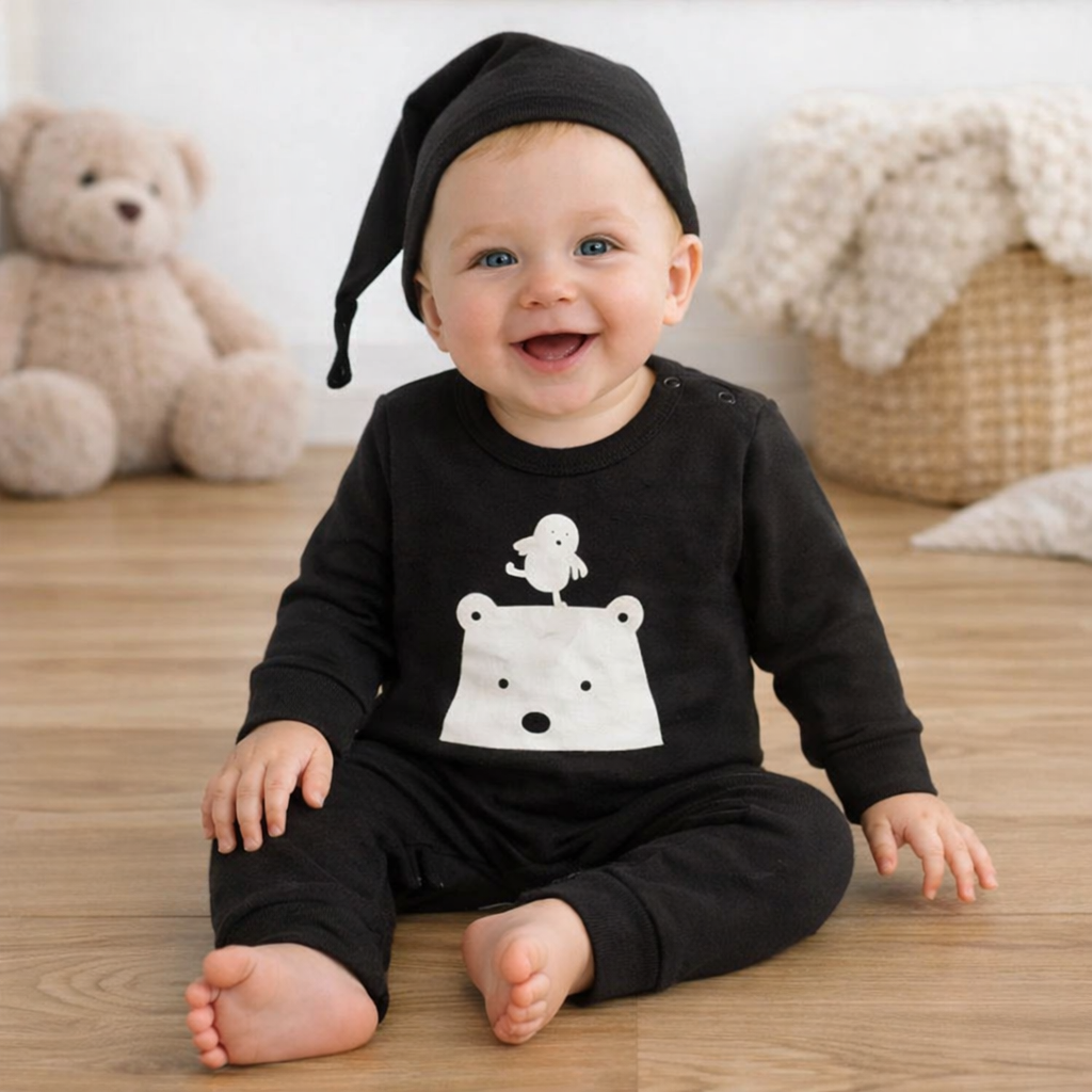 Black Polar Bear & Bird Baby Romper & Hat