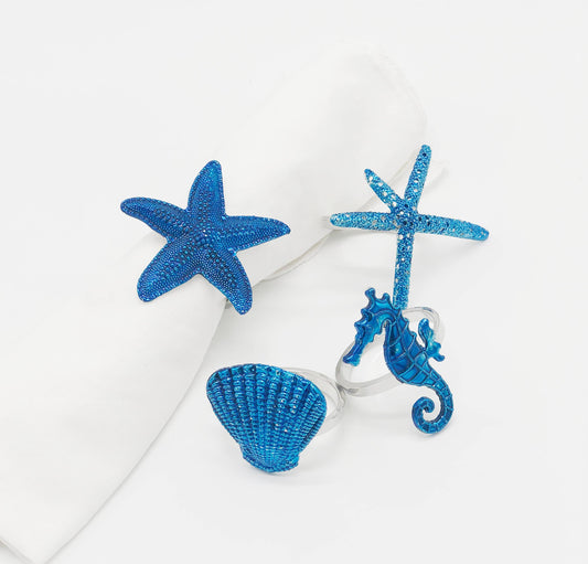 NR0126 - Blue Coastal Sea Creatures Silver Set of 4 Napkin Rings
