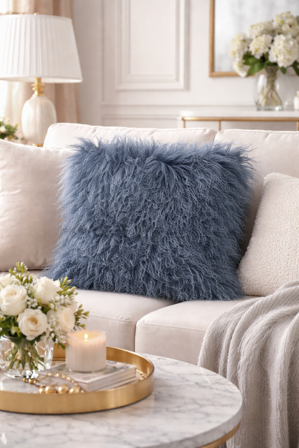 3564 - 20" Blue-Grey Mongolian Lamb Fur 20" Filled Throw Pillow