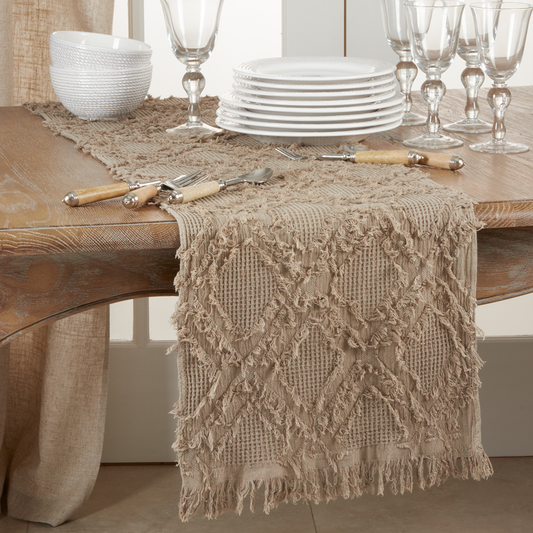 1877 - Natural Fringe Waffle Weave Cotton Table Runner
