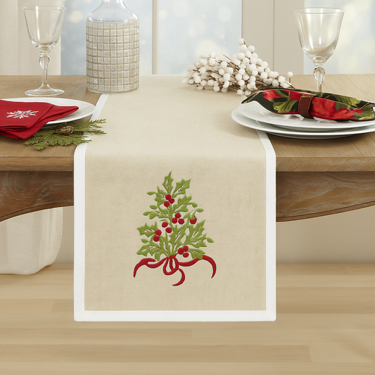 TBL0002 - Natural and White Embroidered Holly Tree Table Runner