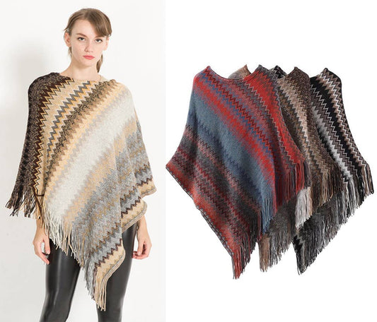 Knitted Zig-Zag Pullover Poncho Sweater