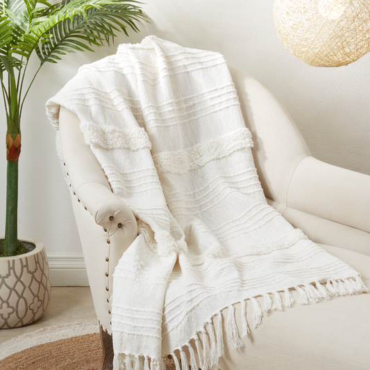 TBL0042 - Beige Modern Fringed Stripe Cotton 17" Throw Pillow