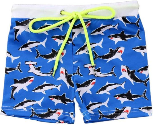 Blue Shark Print Drawstring Boys’ Swim Short Trunks