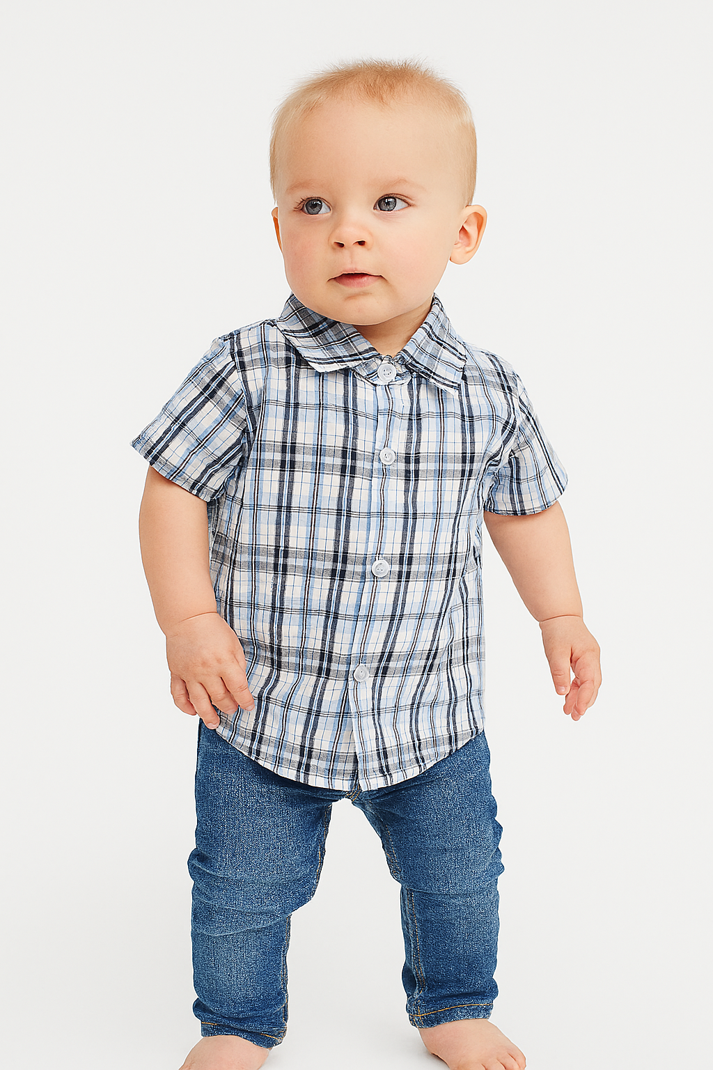 Blue Plaid Boy Cotton Button-Down Short-Sleeve Dress Shirt
