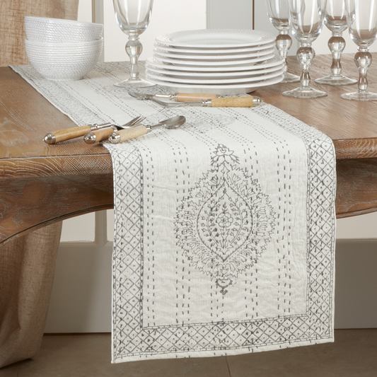 3239 - Grey Block Print Taj Kantha Stitch Cotton Table Runner