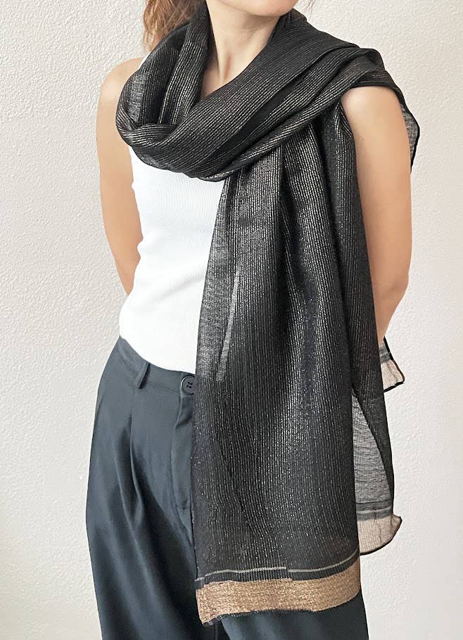 Black Shimmering Striped Silk Blend Wrap Scarf
