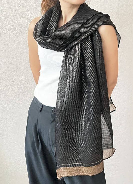 Black Shimmering Striped Silk Blend Wrap Scarf