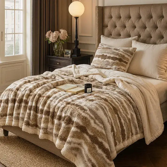TH0042 - Beige Stripe Reversible Faux Fur Large Throw Blanket