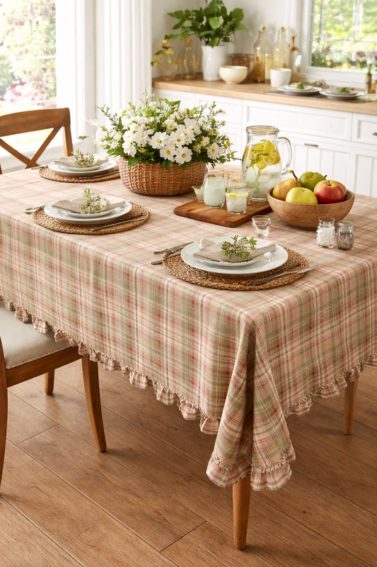 Khaki Plaid Ruffled Border Cotton Woven Tablecloth