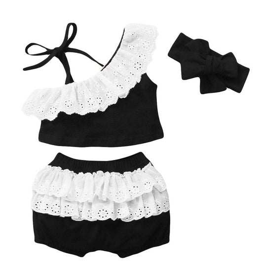 Asymmetric Ruffled Eyelet 3-Piece Baby Girl Outfit