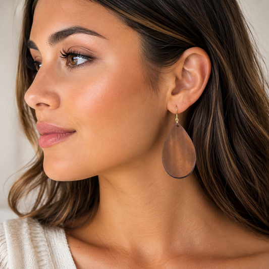 Brown Teardrop Wood Dangle Earrings