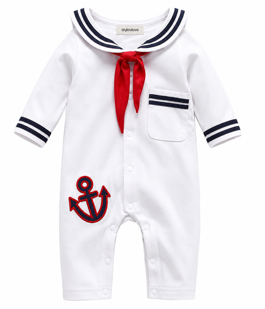 White Sailor Baby Romper with a Necktie