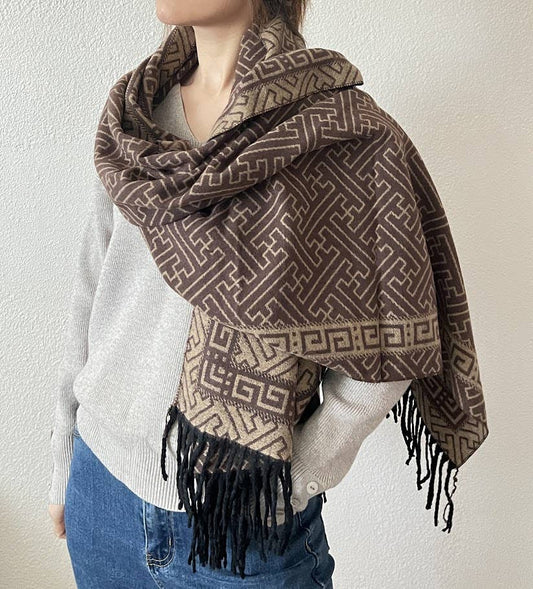 Brown-Beige Geo Maze Print Reversible Cashmere Wrap Scarf