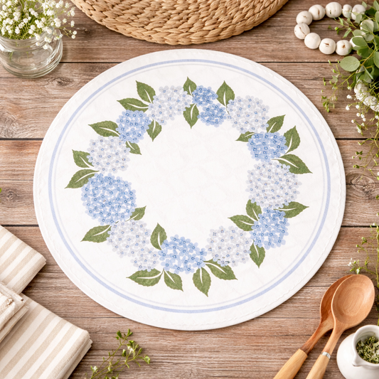 Blue Hydrangea Floral Wreath Cotton 15" Placemat