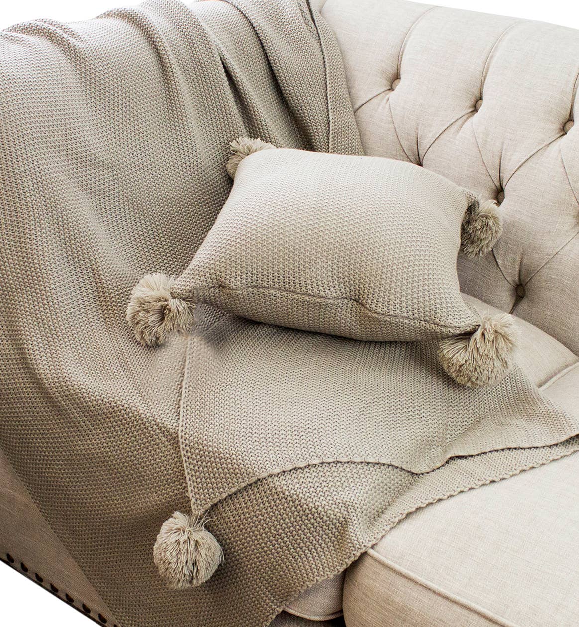 TH0005 - Khaki Chunky Knit Pom Pom Throw Blanket & Filled Pillow Set