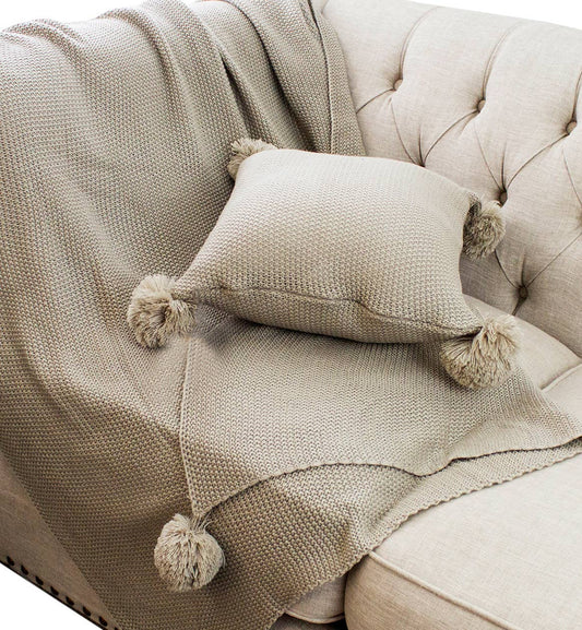 TH0005 - Khaki Chunky Knit Pom Pom Throw Blanket & Filled Pillow Set