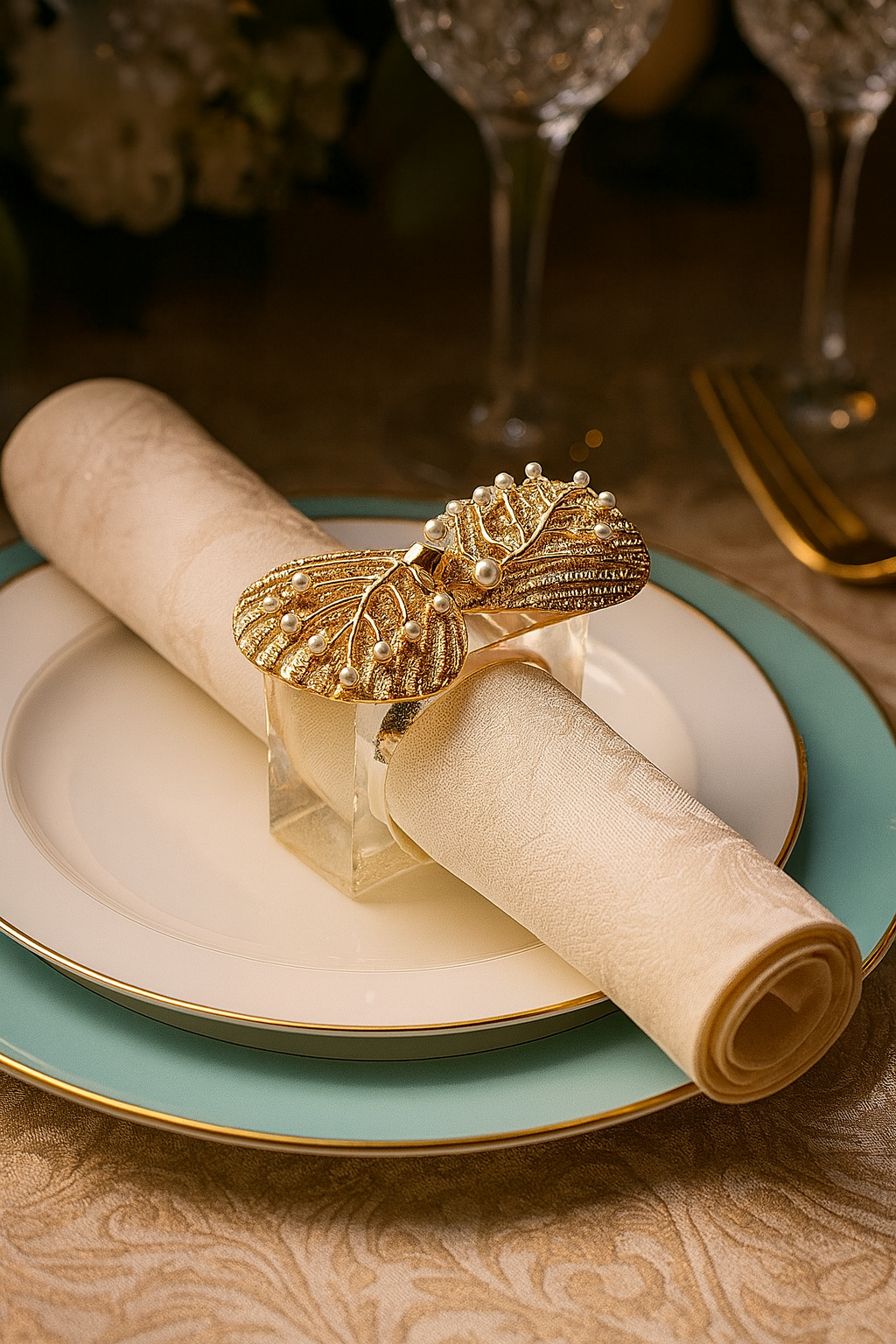 CH033 - Pearl Seashell Gold Napkin Ring Holder