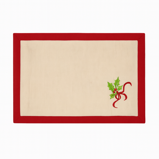 Red Natural Embroidered Holly Tree Placemat