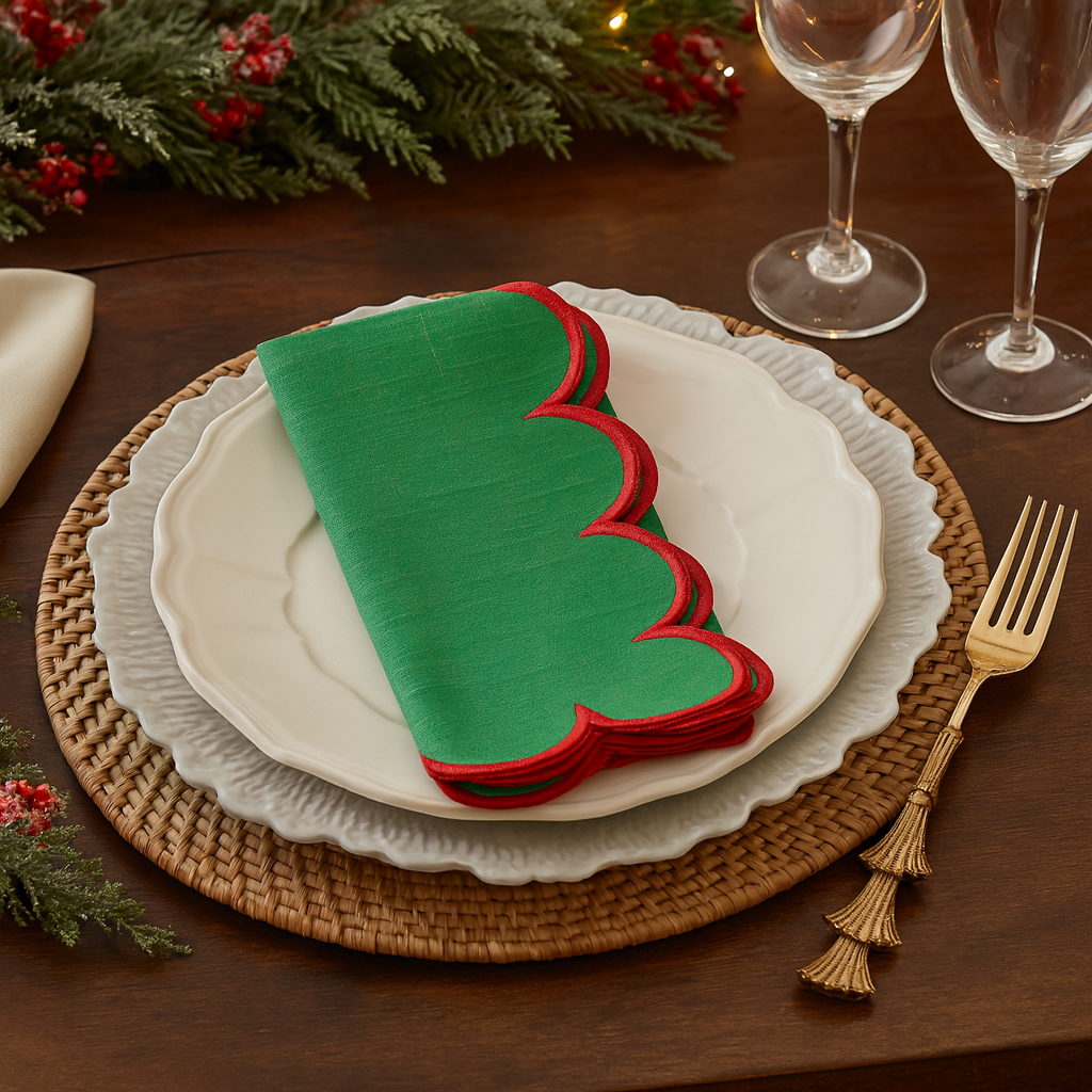 8124 - Red Scalloped Green Cotton 20" Dinner Napkin