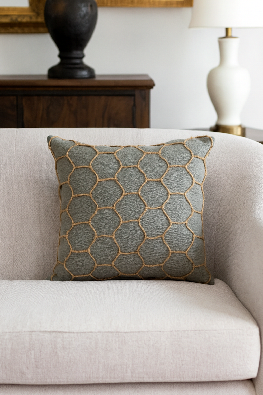 550 - Embroidered Grey Cotton 18" Throw Pillow